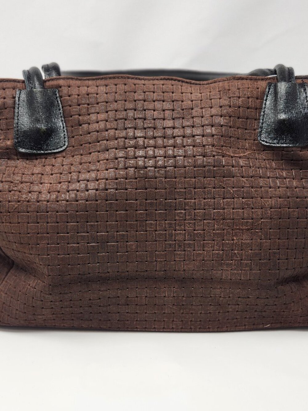 New large brown suede basket weave look Italian leather handbag